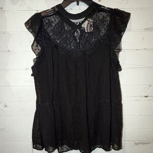 ADORA Black Mesh Polka Dot Ruffle Lace Sheer Flutter Sleeve Blouse M